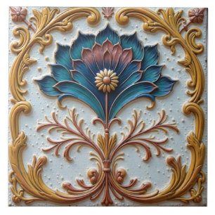 Azulejo De Cerâmica Rosto floral azul e rosa