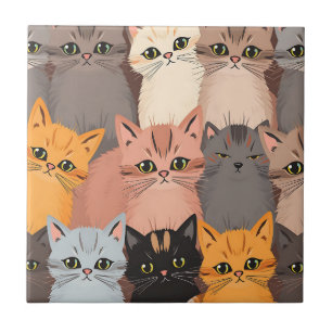 Azulejo De Cerâmica Rostos de Gatos Fofos Ilustrados
