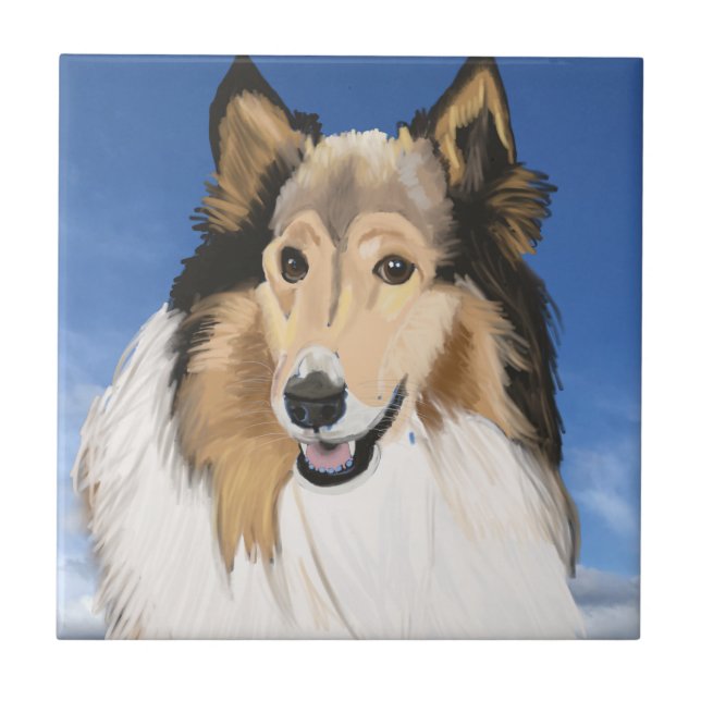 Azulejo De Cerâmica Rough Collie Retrato contra o céu azul (Frente)