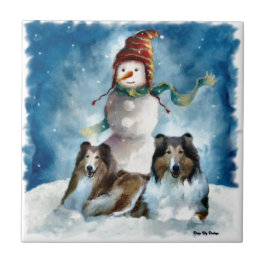 Azulejo De Cerâmica Rough Collies com Snowman no Natal