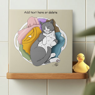 Azulejo De Cerâmica Roupa de Cama com Cabelo de Gato Branco Cinza