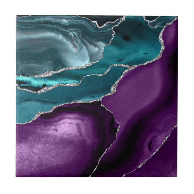 Azulejo De Cerâmica Roxo Azul Teal Ágata Brilho Prateado (Frente)