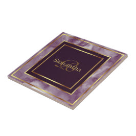 Azulejo De Cerâmica Roxo E Mármaco Geométrico Dourado