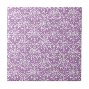 Azulejo De Cerâmica Roxo Lilás e Padrão Damask Floral Branco