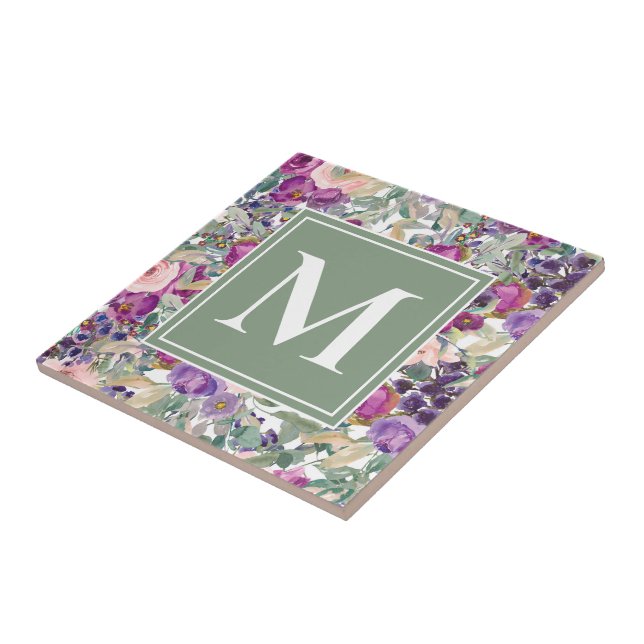 Azulejo De Cerâmica Roxo Rosa Verde Sage Flores Boho Monograma   (Lateral)