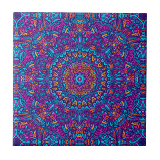 Azulejo De Cerâmica Roxo, Teal, Laranja e Amarelo Boho Mandala
