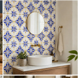 Azulejo De Cerâmica Royal Fleur Elegant Blue and Gold Botanical Mosaic