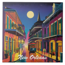 Azulejo De Cerâmica Rua e Bonde de New Orleans à Noite