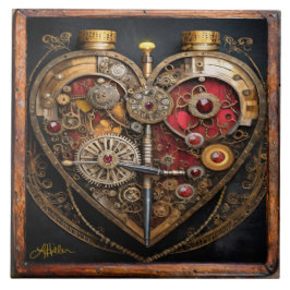 Azulejo De Cerâmica Rubis e Engrenagens Steampunk Coração Sombrio 