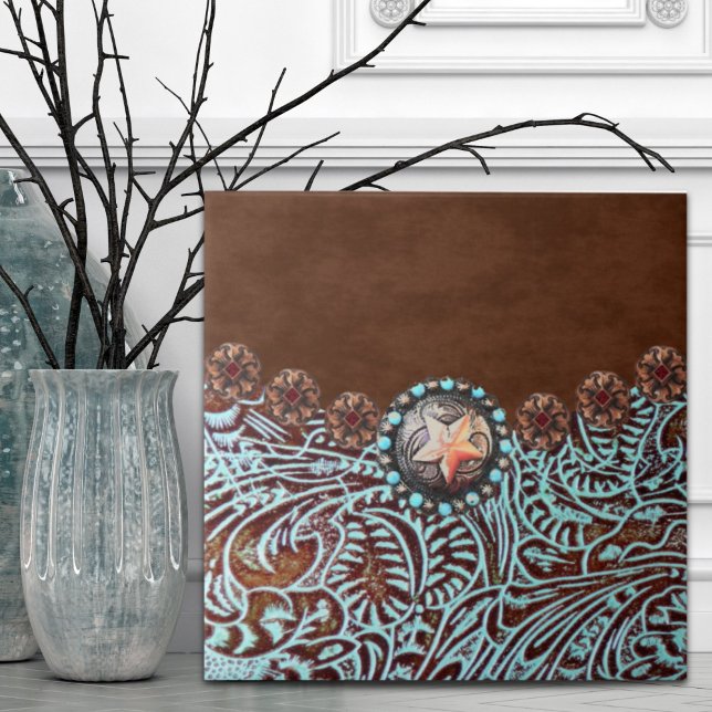 Azulejo De Cerâmica Russo Brown Turquoise Cowboy Ocidental (Rustic Brown Turquoise Cowboy Western Country Ceramic Tile)