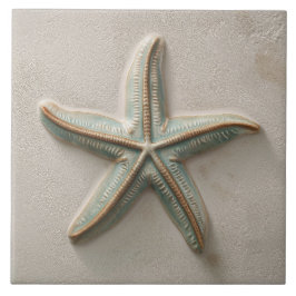 Azulejo De Cerâmica Rustic Aqua and Sand Starfish Coastal Relief