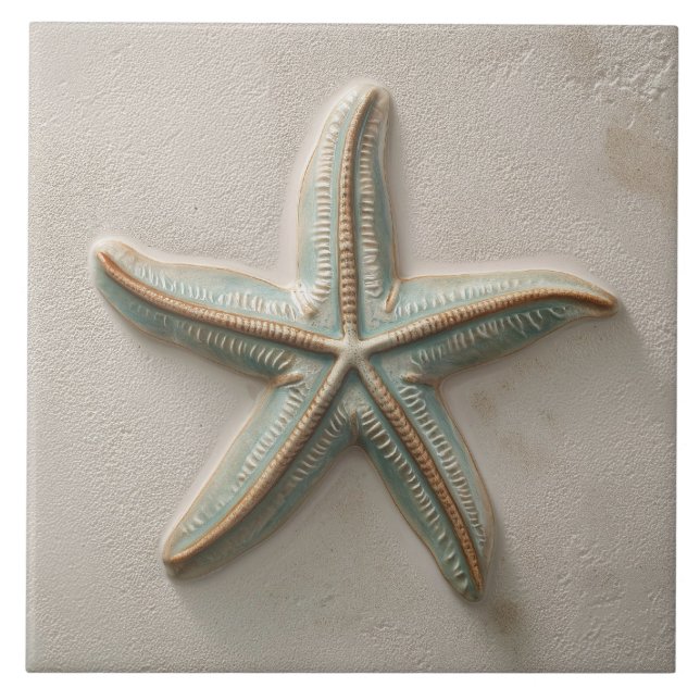 Azulejo De Cerâmica Rustic Aqua and Sand Starfish Coastal Relief (Frente)