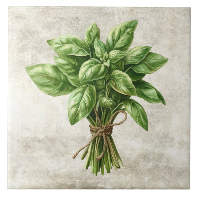 Azulejo De Cerâmica Rustic Basil Herb Faux Ceramic Tile (Frente)