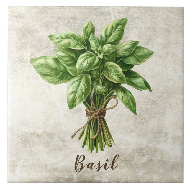 Azulejo De Cerâmica Rustic Basil Herb Spice Faux Ceramic Tile (Frente)