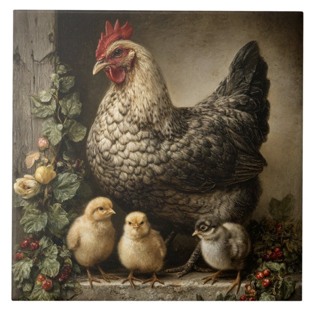 Azulejo De Cerâmica Rustic Chicken Hen with Chicks (Frente)
