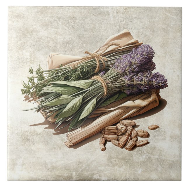 Azulejo De Cerâmica Rustic Herb Bunches Vintage  (Frente)