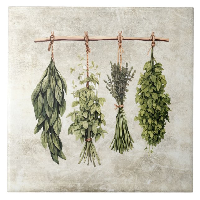 Azulejo De Cerâmica Rustic Herbs Drying on Twine (Frente)