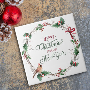 Azulejo De Cerâmica Rustic Holly Berry Wreath com Bird Holiday