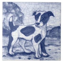 Azulejo De Cerâmica Rustic Jack Russell Terrier Dog Blue Delft Dedham