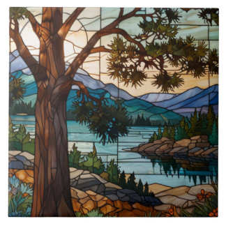 Azulejo De Cerâmica Rustic mountain range landscape stain glass 
