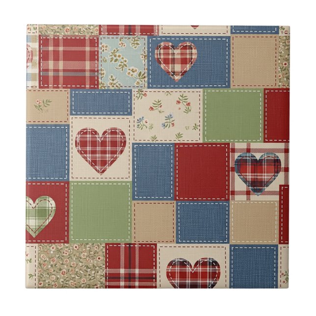 Azulejo De Cerâmica Rustic Patchwork Hearts Picnic Pattern (4) (Frente)