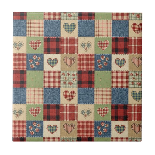Azulejo De Cerâmica Rustic Patchwork Hearts Picnic Pattern (5) (Frente)