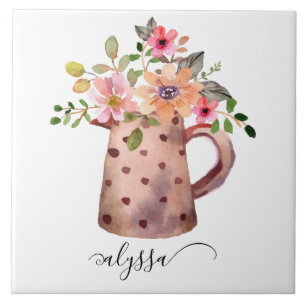 Azulejo De Cerâmica Rustic Pitcher Peach & Mauve Watercolor Floral