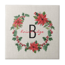 Azulejo De Cerâmica Rustic Poinsettia & Holly Wreath Monogramas