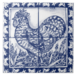 Azulejo De Cerâmica Rustic Rooster Blue Delft Dedham Vintage