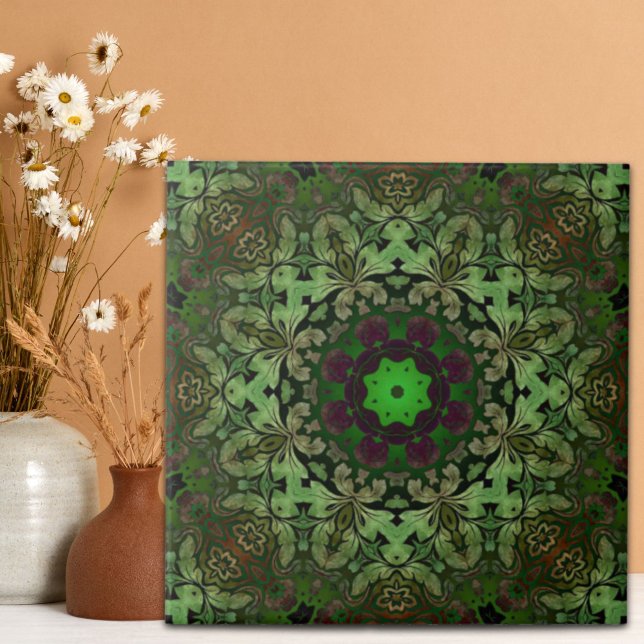 Azulejo De Cerâmica Rustic Steampunk Bohemian green mandala (Rustic Steampunk Bohemian forest green mandala Tile)