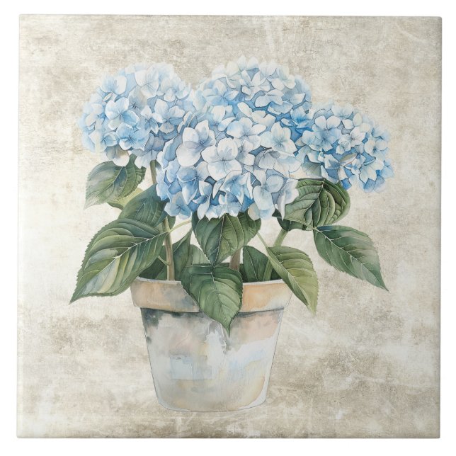 Azulejo De Cerâmica Rustic Watercolor Blue Hydrangea  (Frente)