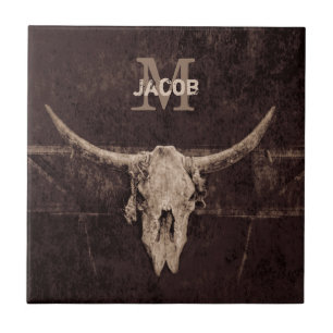 Azulejo De Cerâmica Rustic Western Brown Beige Old Bull Skull Monogram