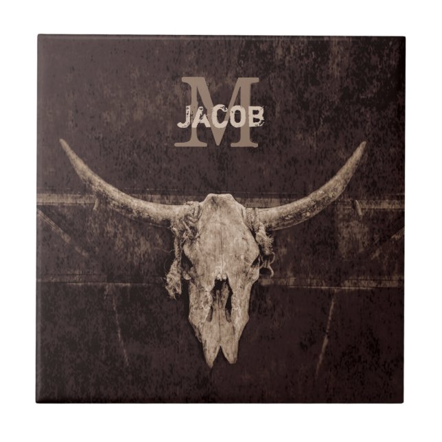 Azulejo De Cerâmica Rustic Western Brown Beige Old Bull Skull Monogram (Frente)