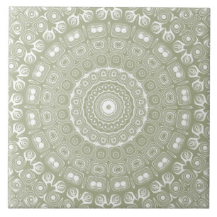 Azulejo De Cerâmica Sage em White Mandala Kaleidoscope Medallion