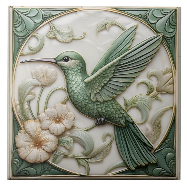 Azulejo De Cerâmica Sage Faux alivio Art Nouveau Hummingbird (Frente)