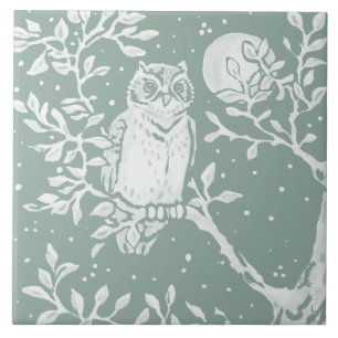 Azulejo De Cerâmica Sage Green Coruja na Cena da Lua da Noite de Árvor