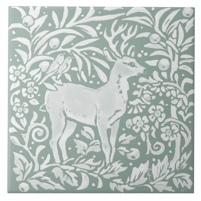 Azulejo De Cerâmica Sage Green Deer Woodland Forest William Morris (Frente)