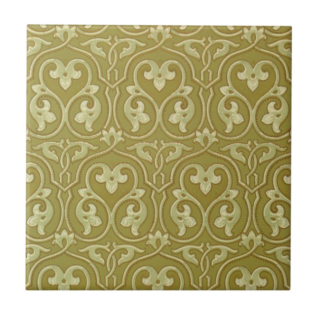Azulejo De Cerâmica Sage Green e Dourada Art Nouveau Patterno (Frente)
