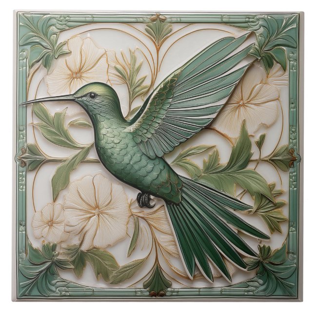 Azulejo De Cerâmica Sage green faux alivio Art Nouveau Hummingbird (Frente)