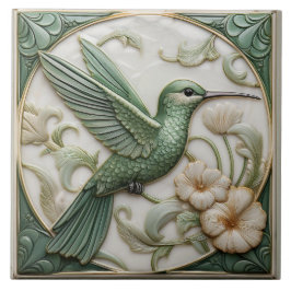 Azulejo De Cerâmica Sage green faux alivio Art Nouveau Hummingbird