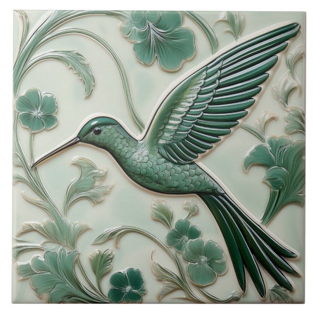 Azulejo De Cerâmica Sage green faux alivio Art Nouveau Hummingbird L (Frente)