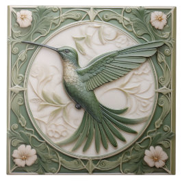 Azulejo De Cerâmica Sage green faux alivio Art Nouveau Hummingbird L