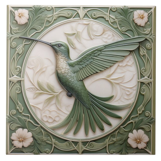 Azulejo De Cerâmica Sage green faux alivio Art Nouveau Hummingbird L (Frente)