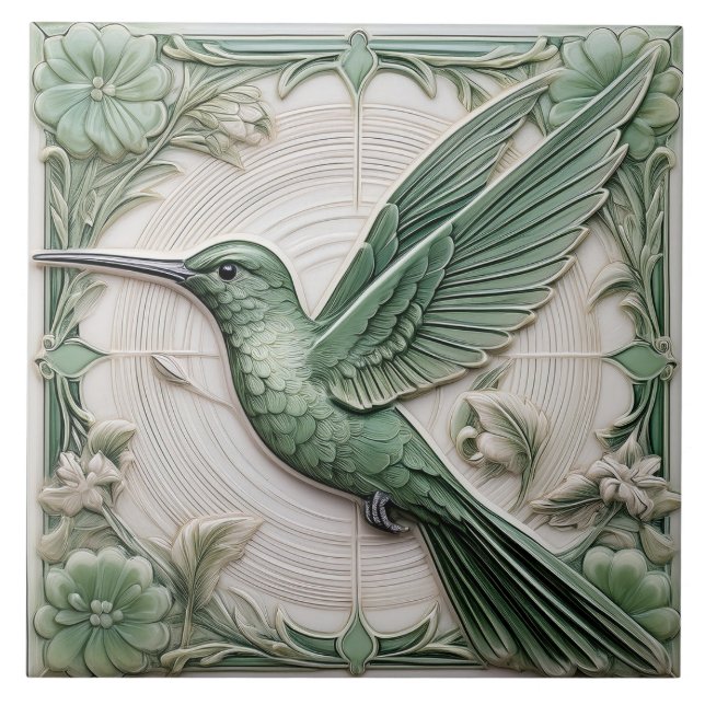 Azulejo De Cerâmica Sage green faux alivio Art Nouveau Hummingbird L (Frente)