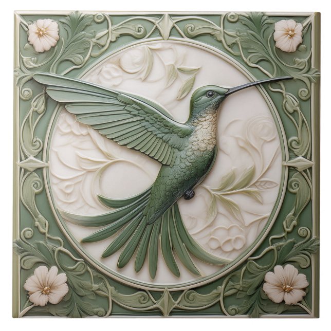 Azulejo De Cerâmica Sage green faux alivio Art Nouveau Hummingbird R (Frente)