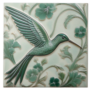Azulejo De Cerâmica Sage green faux alivio Art Nouveau Hummingbird R