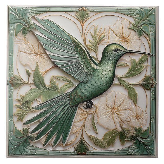 Azulejo De Cerâmica Sage green faux alivio Art Nouveau Hummingbird R (Frente)