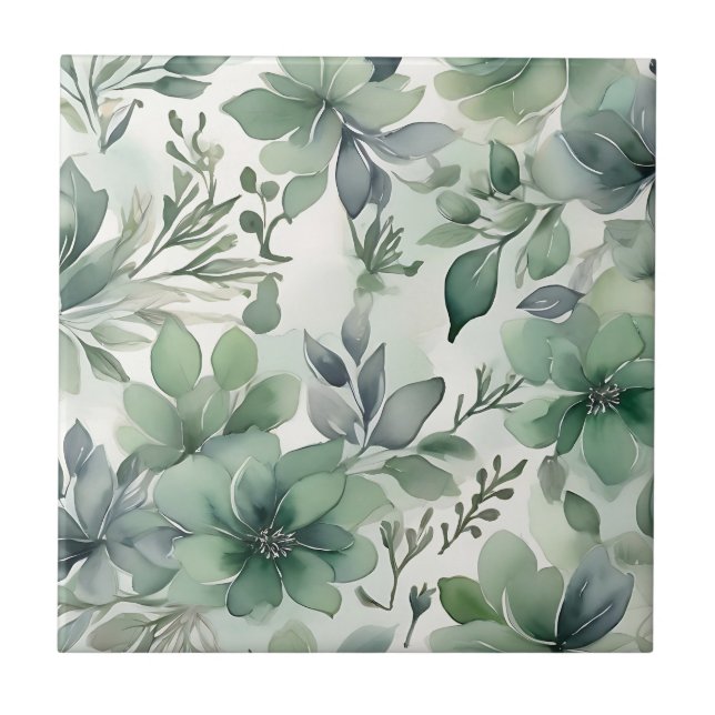 Azulejo De Cerâmica Sage Green Floral sem costura (Frente)