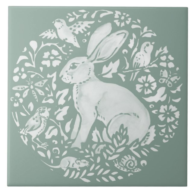 Azulejo De Cerâmica Sage Green Rabbit Hare Forest Creatures (Frente)
