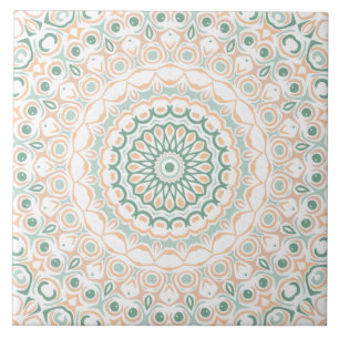 Azulejo De Cerâmica Sage Verde e Padrão Mandala Pêssego